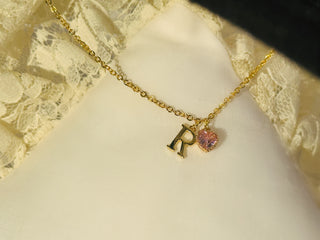 Pink Heart & Gold Initial Necklace
